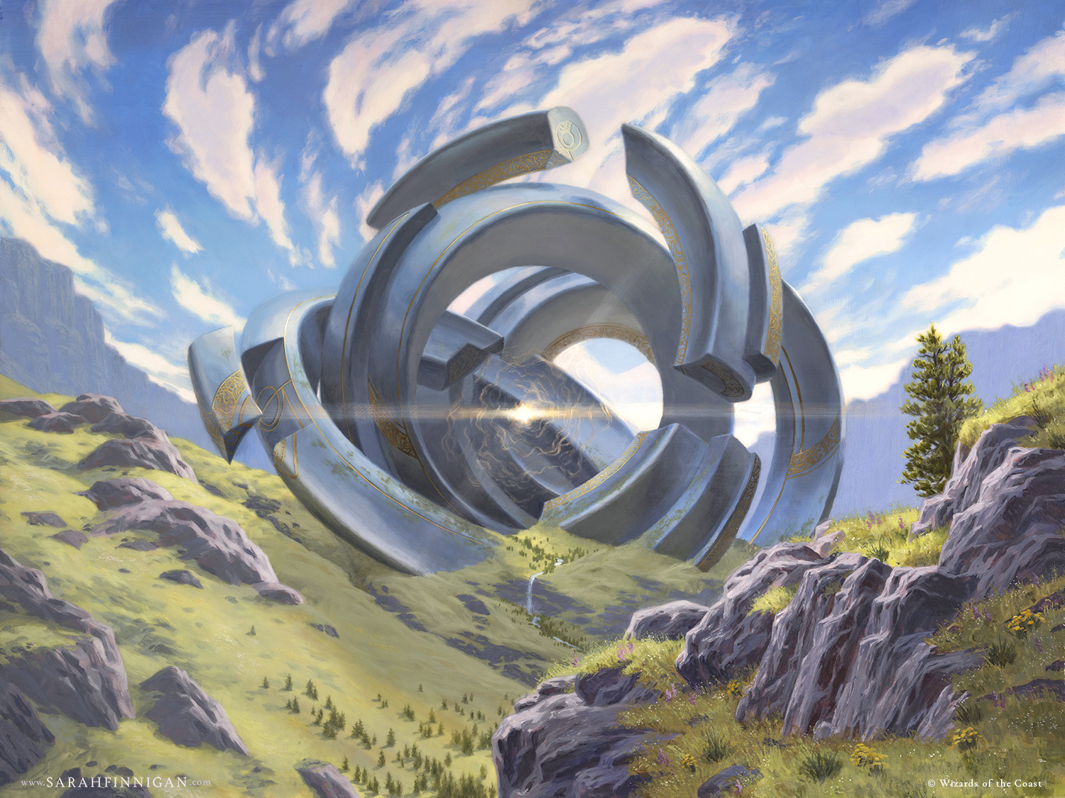 Un portail Thran : ces structures permettaient le transport instantané à travers l'empire. Des millénaires plus tard, leurs ruines parsèment encore Dominaria, témoins silencieux d'une grandeur perdue. Art par Sarah Finnigan.